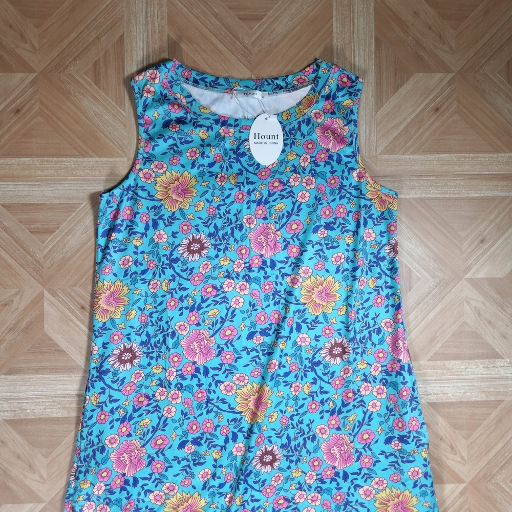 Hount Womens Floral Sleeveless Maxi Dress Turquoise Blue Pink Boho Medium NEW